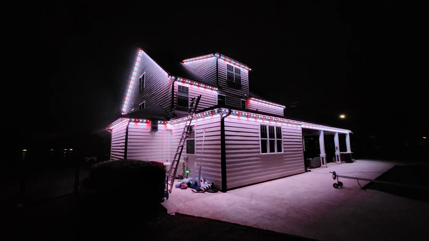 Permanent RGB lighting on a West Lake home in Cary.